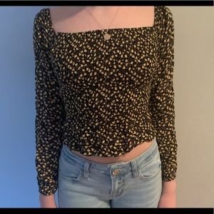 Black w yellow flowers off shoulder long sleeve